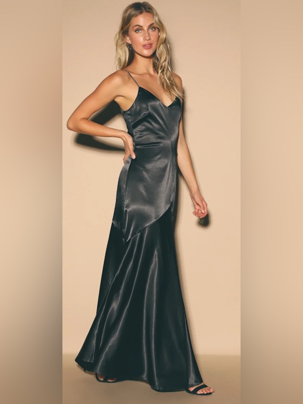 NWTs Lulu’s Buena Black Satin Evening Gown w/adjustable spaghetti straps. Sz. M